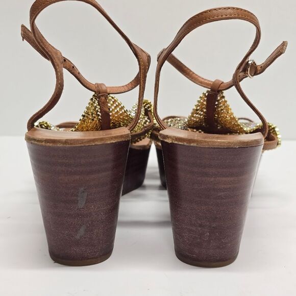 Lola Cruz Tan Leather Crystal Embellished Mesh T-Strap Wedged Sandals Women's 7 - Picture 7 of 9